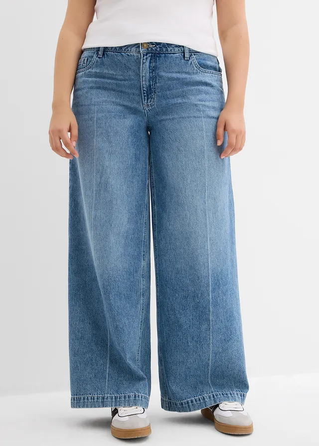 Džíny Wide Leg, Mid Waist, Low Stretch, Full Length, barva: modrá stone used