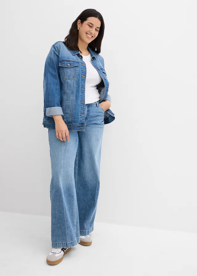 Džíny Wide Leg, Mid Waist, Low Stretch, Full Length, barva: modrá stone used