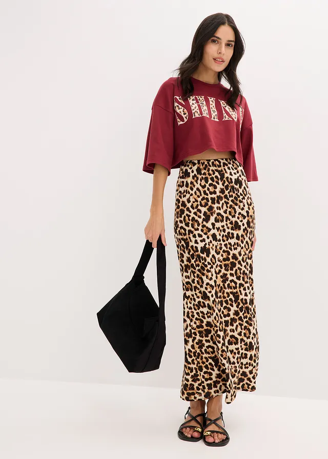 Midi rok van soepele viscose, Kleur: beige-zwart luipaardprint