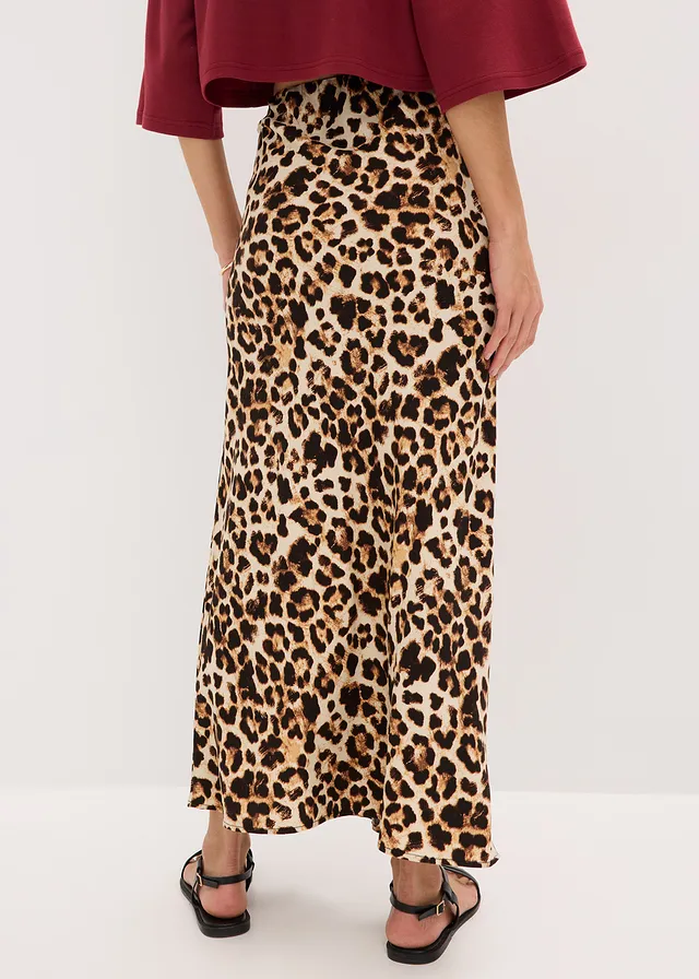 Jupe midi en viscose fluide, Couleur: beige/noir imprimé léopard