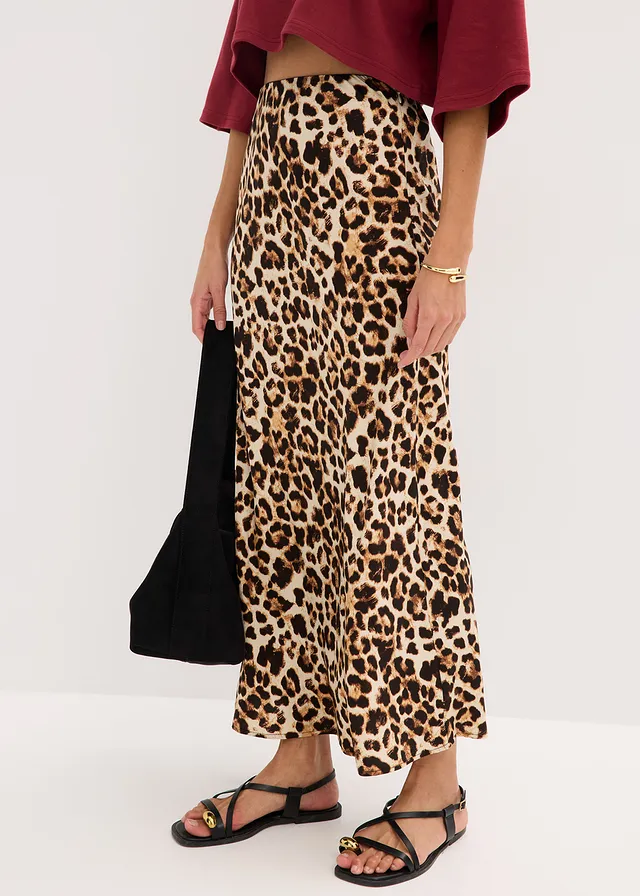 Jupe midi en viscose fluide, Couleur: beige/noir imprimé léopard