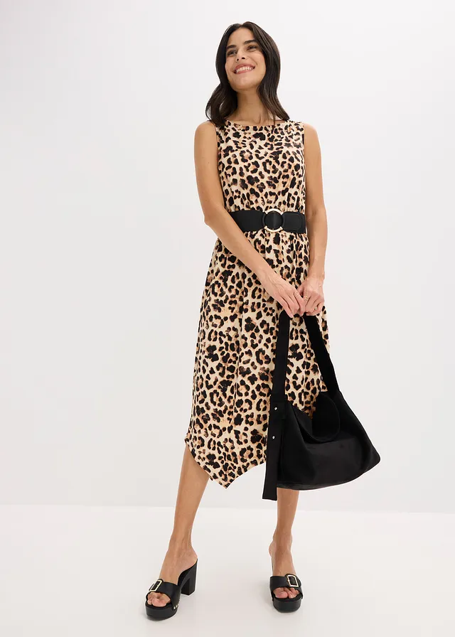 Gedessineerde jersey jurk, Kleur: beige-zwart luipaardprint