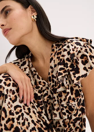 Midi šaty s volány, ze strukturovaného krepu • béžovo-černá s leopardím potiskem • bonprix obchod