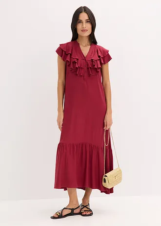 Robe midi avec volants en crêpe texturé, Couleur: prune