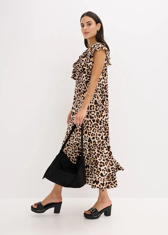 Robe midi avec volants en crêpe texturé • beige/noir imprimé léopard • product-page.page-title-suffix