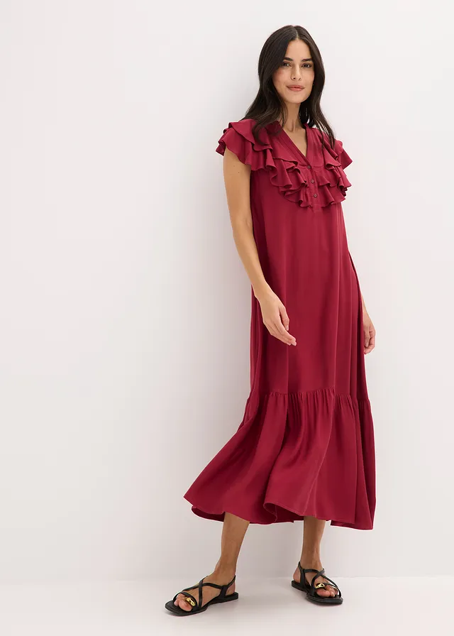 Midi jurk met volants van gestructureerde crêpe, Kleur: pruimrood