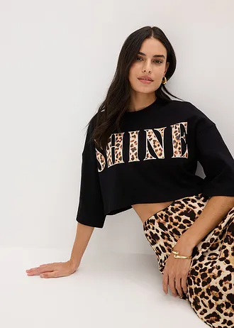 Cropped T-shirt van biologisch katoen • zwart luipaardprint • bonprix online shop