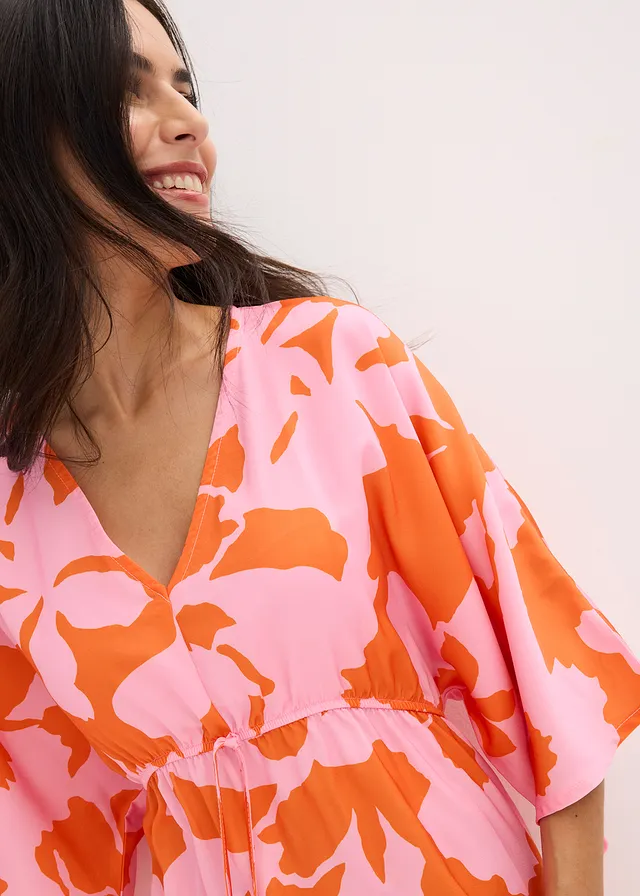 Maxi jurk van vloeiend satijn • lila-oranje gebloemd • product-page.page-title-suffix