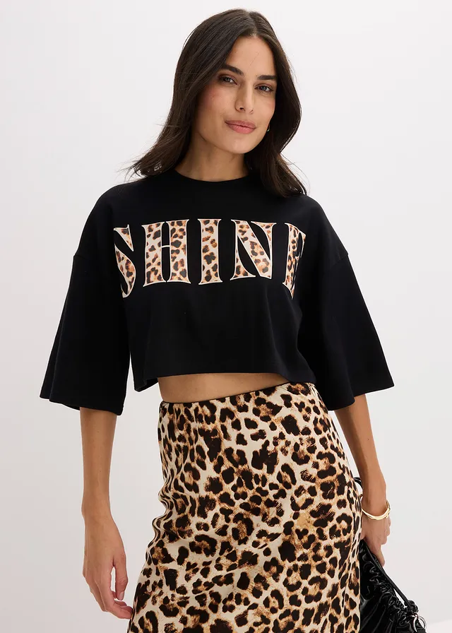 Cropped T-shirt van biologisch katoen, Kleur: zwart luipaardprint