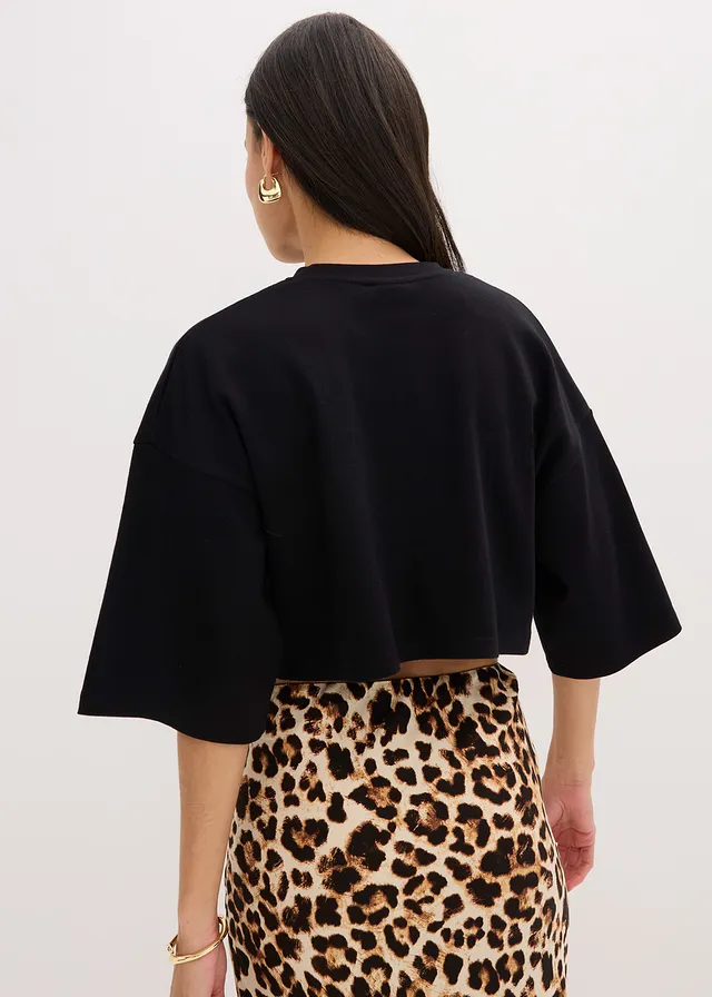 Cropped T-shirt van biologisch katoen, Kleur: zwart luipaardprint