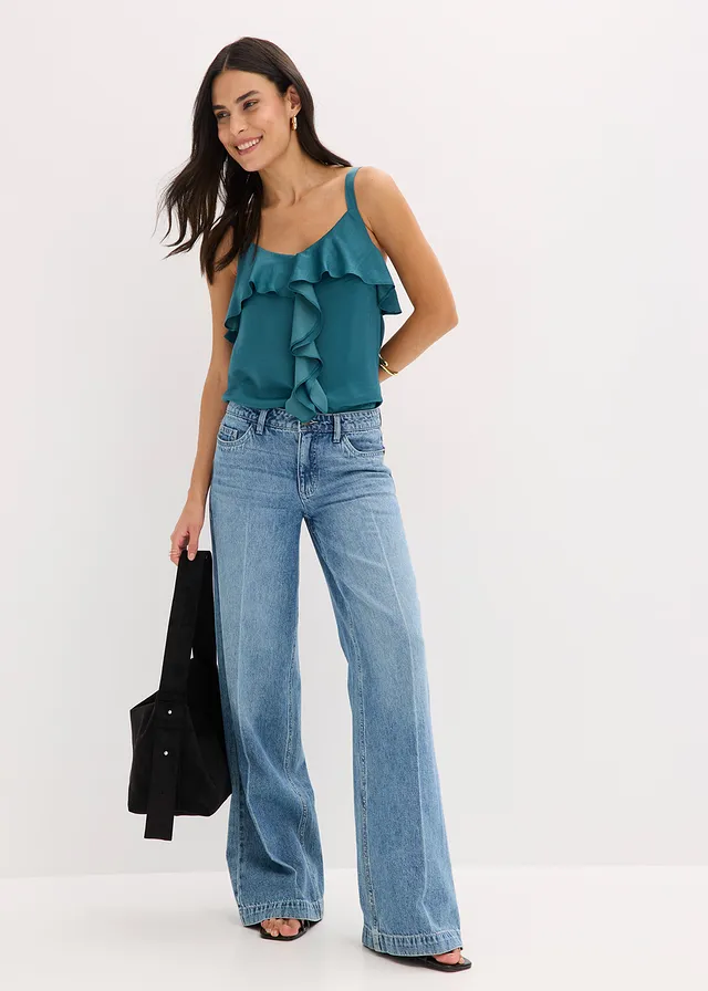 Jean large taille mi-haute, longueur sol, peu extensible • bleu stone used • product-page.page-title-suffix