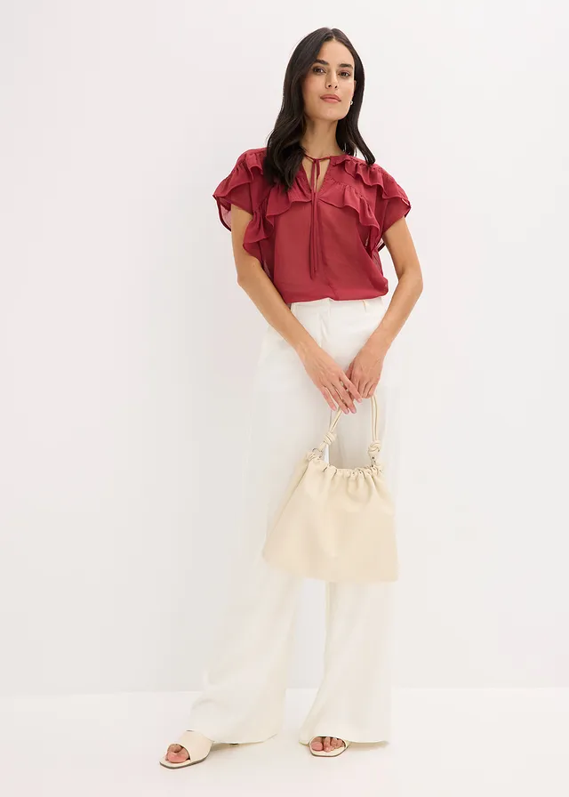 Blouse van chiffon met volants, Kleur: pruimrood
