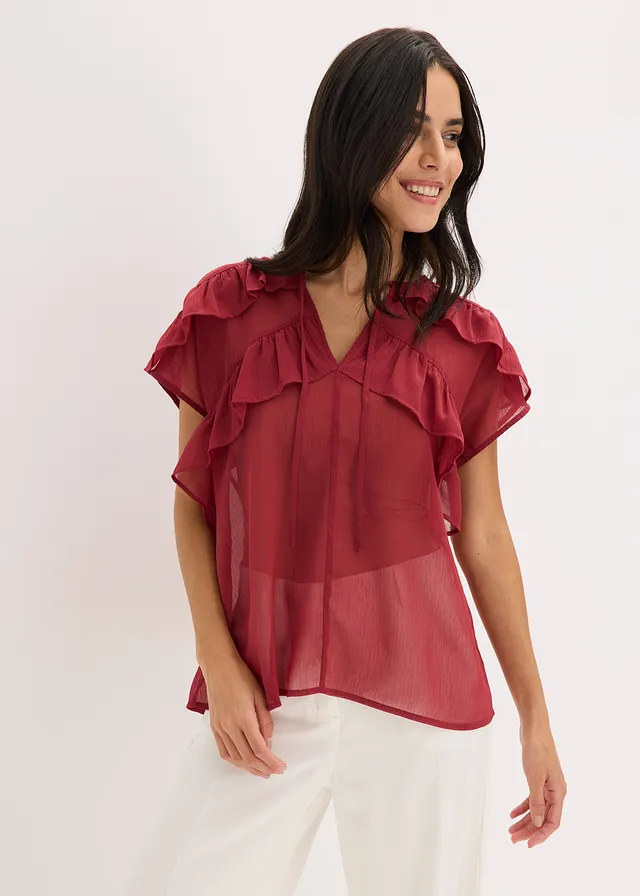 Blouse van chiffon met volants, Kleur: pruimrood