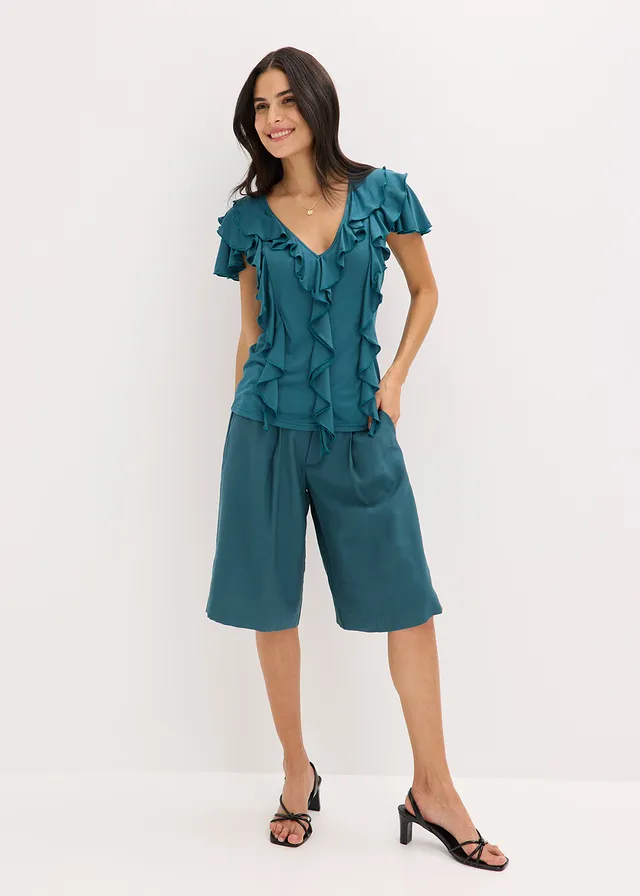 T-shirt avec volants en modal mélangé, Couleur: vert poivre