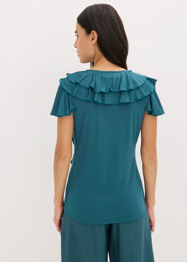 T-shirt avec volants en modal mélangé, Couleur: vert poivre