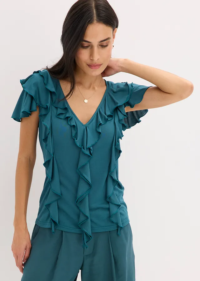 T-shirt avec volants en modal mélangé, Couleur: vert poivre