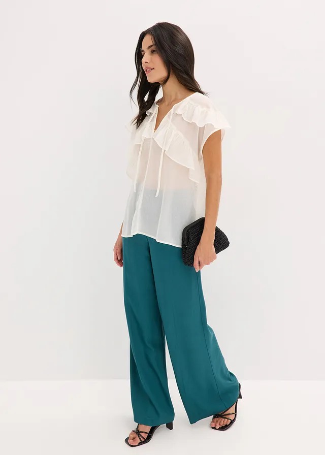 Blouse en crêpe à volants, Couleur: écru