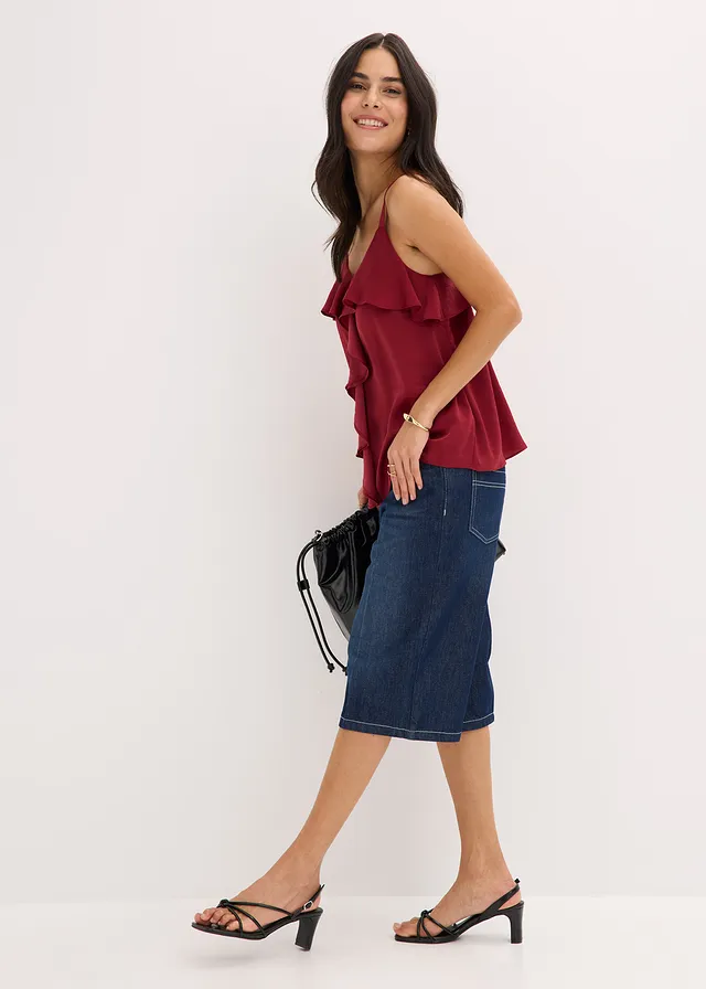 Top à bretelles fines en satin brillant, Couleur: rouge