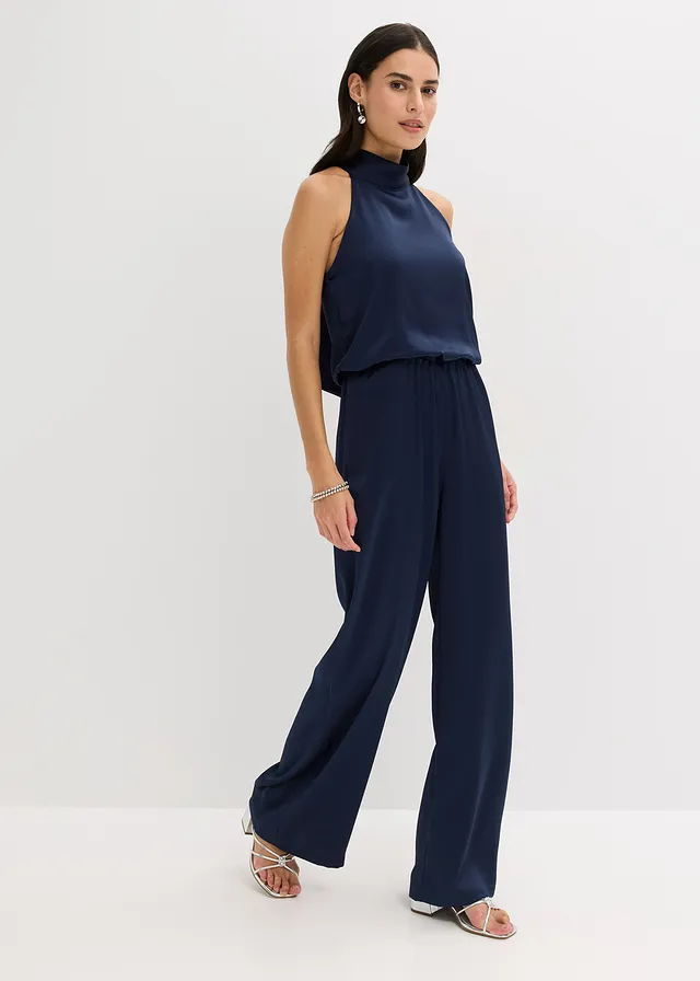 Jumpsuit van gestructureerd satijn, Kleur: donkerblauw