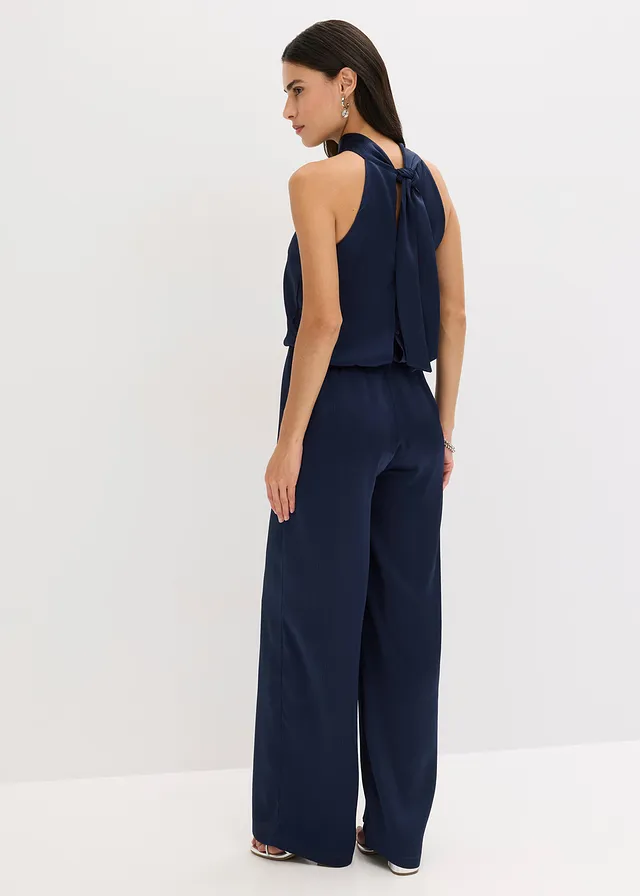 Jumpsuit van gestructureerd satijn, Kleur: donkerblauw