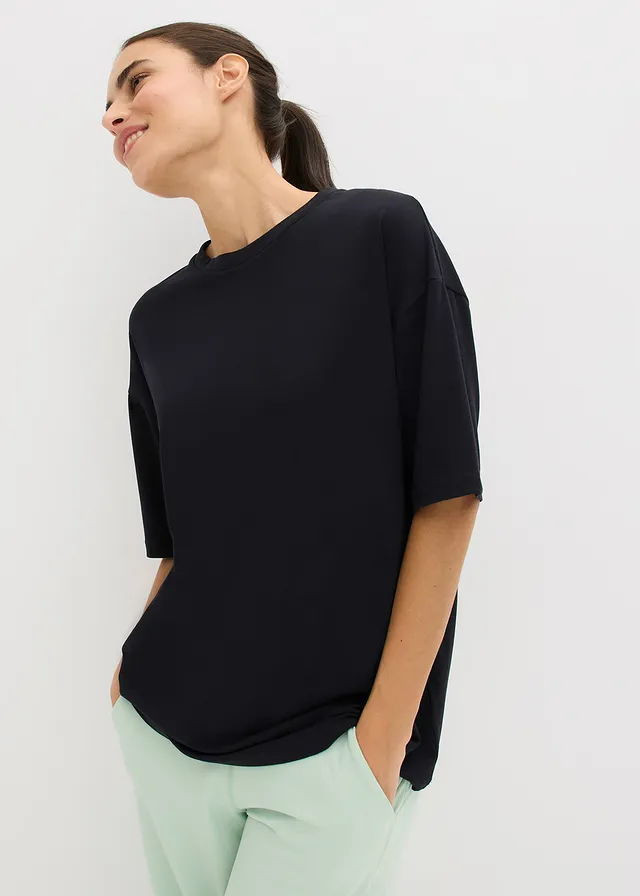 T-shirt de sport oversize avec coton, séchage rapide, Couleur: noir