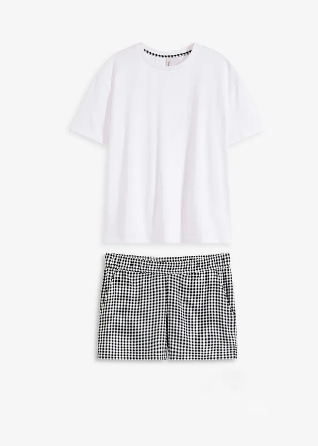Oversized shortama met een geweven short, Kleur: wit geruit