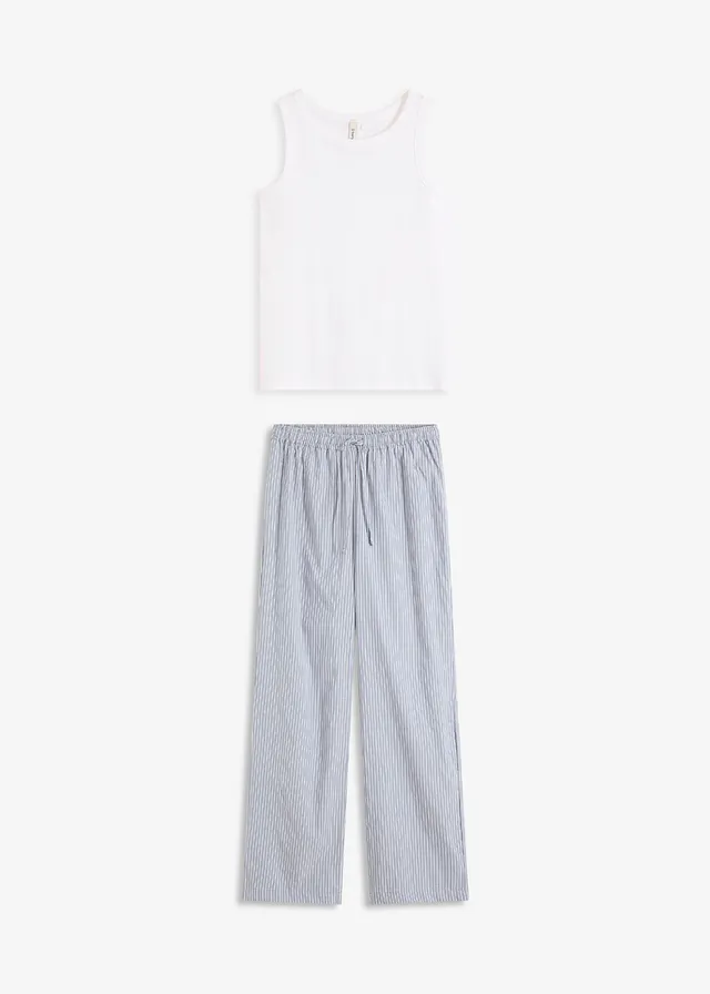 Pijama cu top din material ripsat și pantaloni țesuți