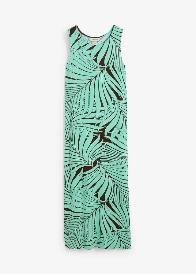 Jersey jurk in een soepele viscosemix, Kleur: donkerbruin-mentholblauw met print