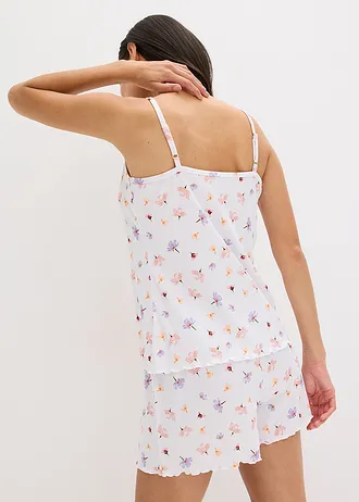 Krátké pyžamo z žebrovaného materiálu, barva: bílá s květy