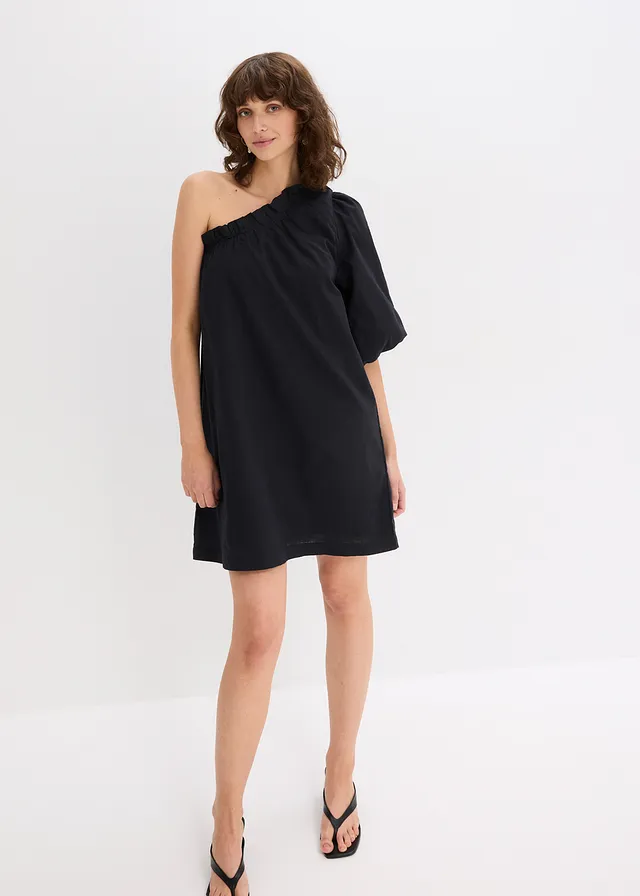 Robe en coton à encolure asymétrique, Couleur: noir