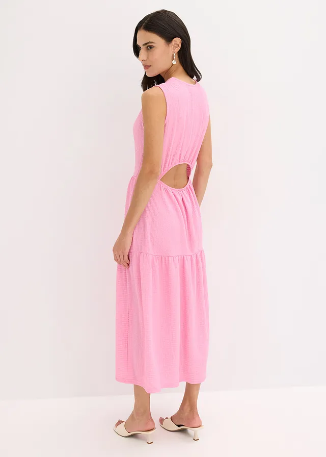 Robe midi en jersey texturé avec découpe dos, Couleur: rose