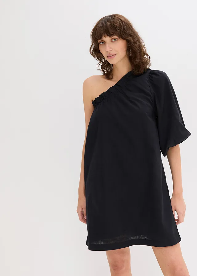 Robe en coton à encolure asymétrique, Couleur: noir