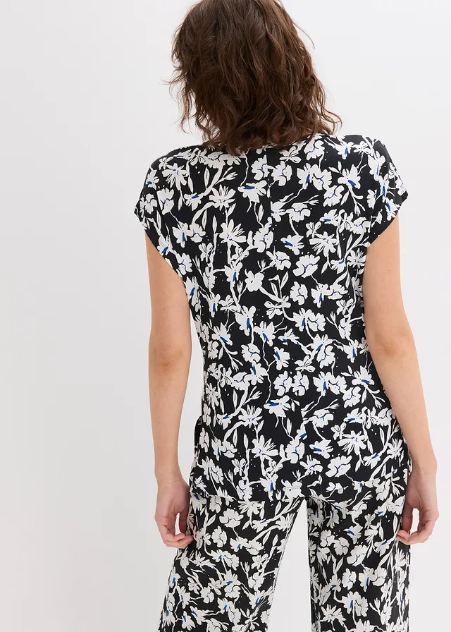 Shirt met knoopdetail, Kleur: zwart/wit