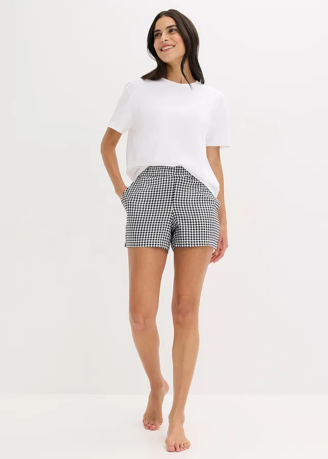 Oversized shortama met een geweven short, Kleur: wit geruit