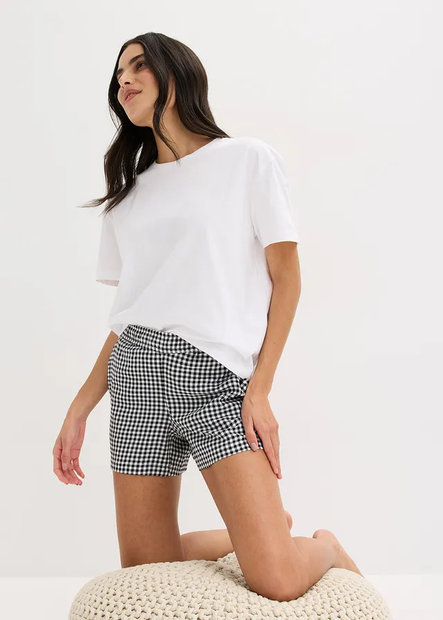 Oversized shortama met een geweven short • wit geruit • product-page.page-title-suffix