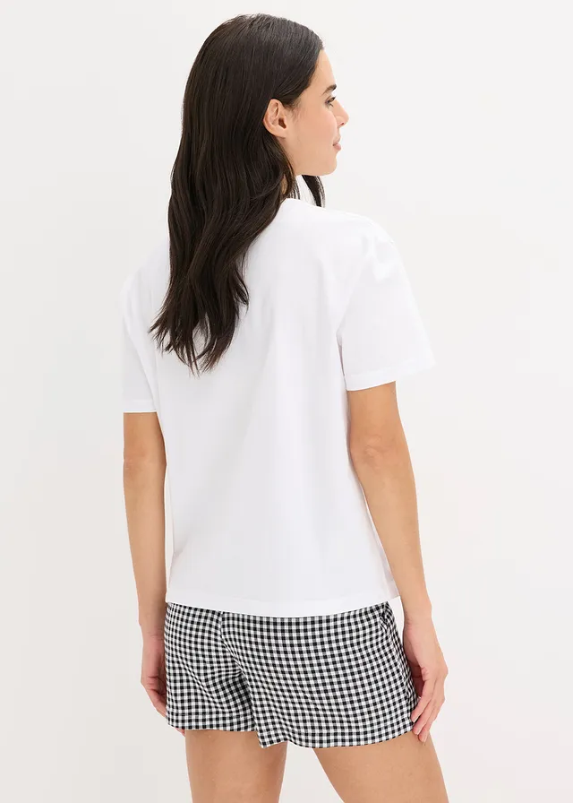Oversized shortama met een geweven short, Kleur: wit geruit