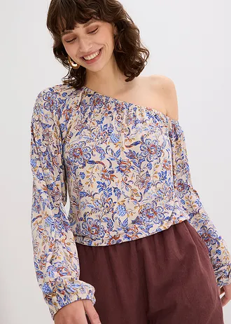 Tričko na jedno rameno • světle písková s květy • bonprix obchod