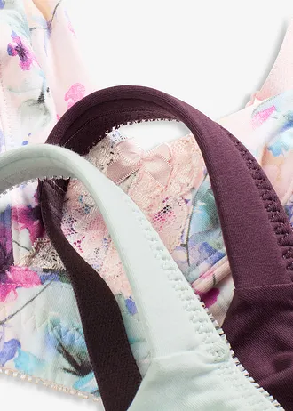 Podprsenka bez kostic, s měkkou organickou bavlnou (3 ks v balení) • světle růžová s květy + světle mentolová + bobulová • bonprix obchod