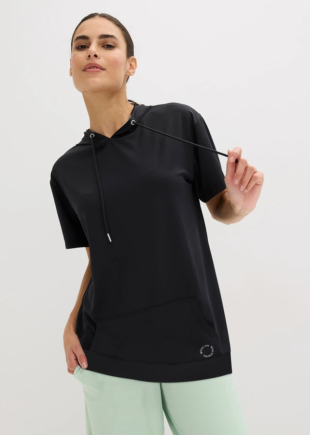 Oversized sportshirt met capuchon, sneldrogend, Kleur: zwart