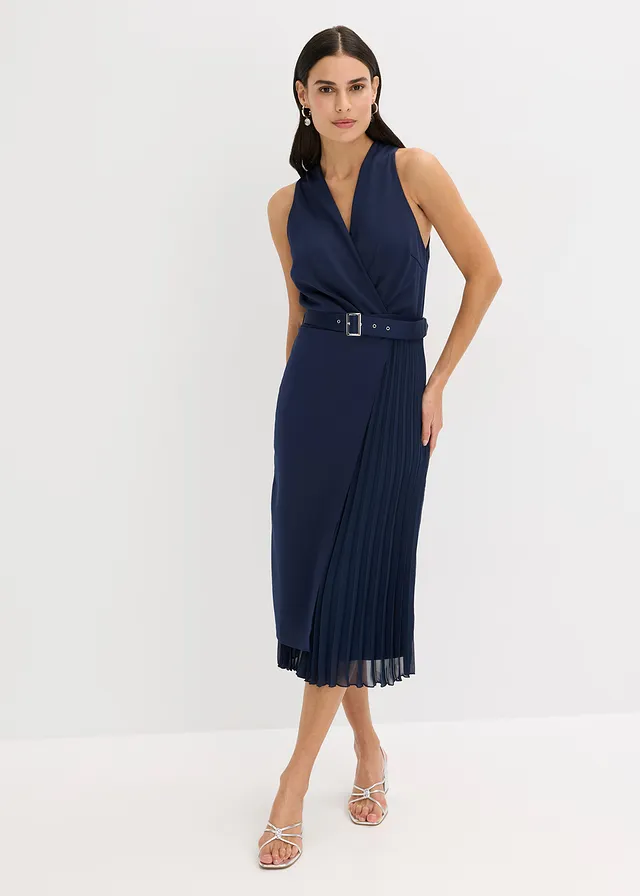 Robe midi aspect portefeuille à empiècement plissé, Couleur: bleu foncé