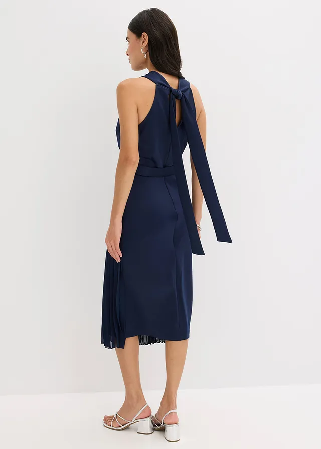 Robe midi aspect portefeuille à empiècement plissé, Couleur: bleu foncé