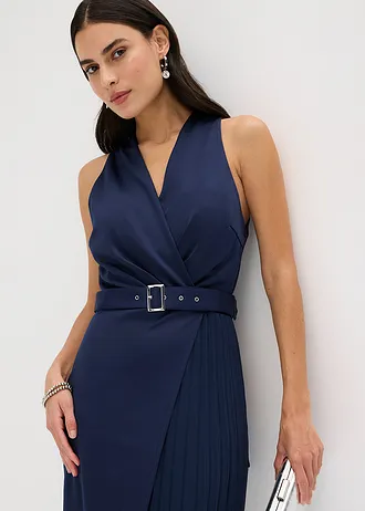 Robe midi aspect portefeuille à empiècement plissé • bleu foncé • Boutique bonprix
