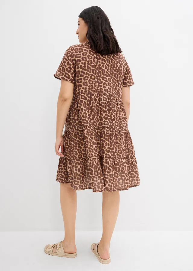 Jurk van zachte mouselline, Kleur: bruin-middenbruin-kastanjebruin-natuursteen-amandelbeige luipaardprint