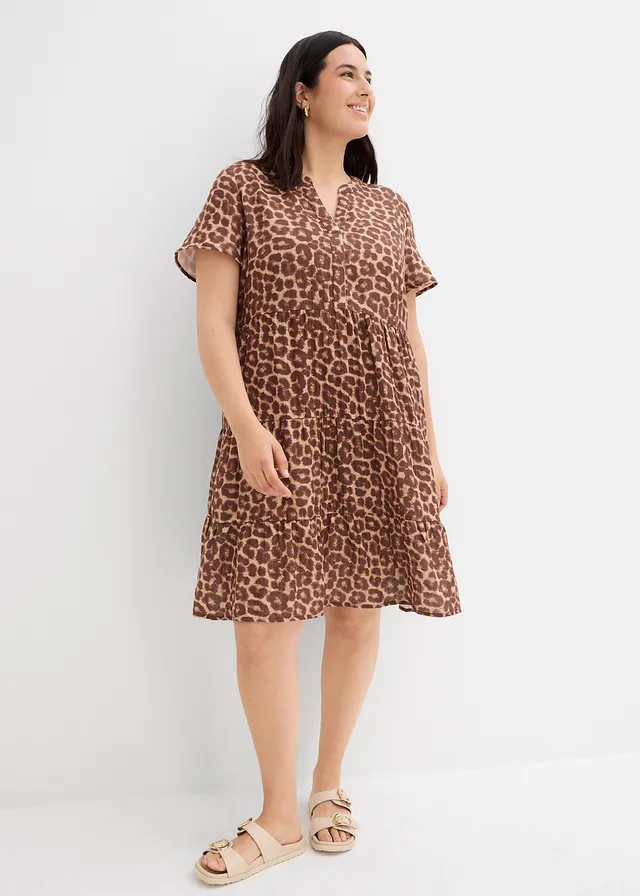 Jurk van zachte mouselline, Kleur: bruin-middenbruin-kastanjebruin-natuursteen-amandelbeige luipaardprint