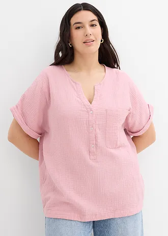 Mousseline blouse met knoopsluiting en zak, Kleur: asroze