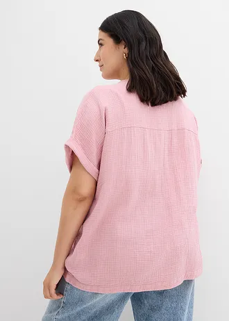 Mousseline blouse met knoopsluiting en zak, Kleur: asroze