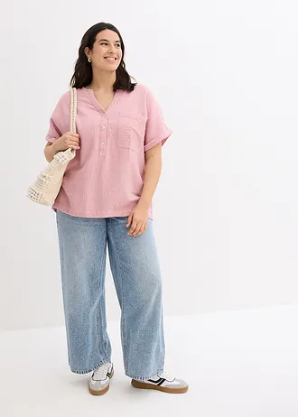 Mousseline blouse met knoopsluiting en zak, Kleur: asroze