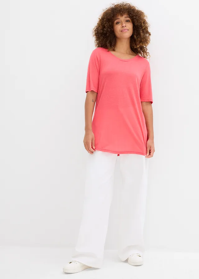 T-shirt long en viscose douce, Couleur: rose paradis