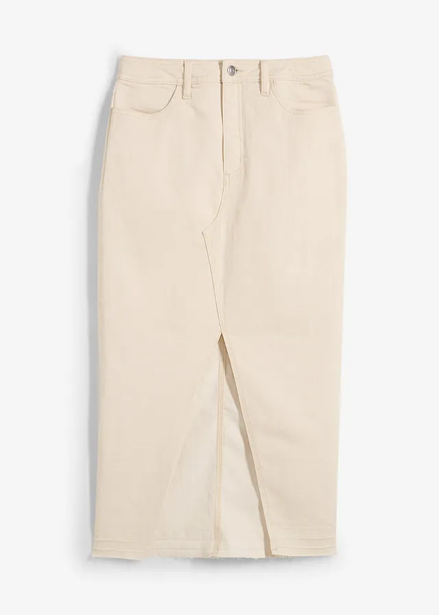 Midi spijkerrok met split, Kleur: natuurbeige