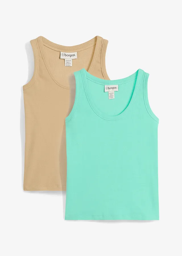 Geribde tanktop met biologisch katoen (set van 2), Kleur: new beige-mentholblauw
